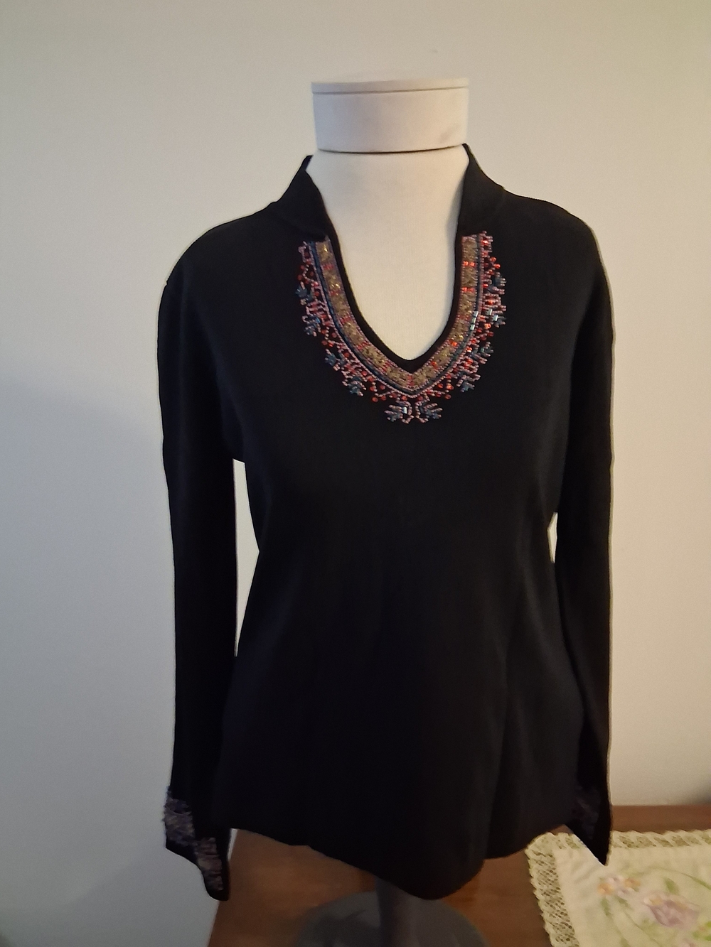 Michelle Nicole Black Long-Sleeve Tunic with Multicolor Embroidered V-Neck